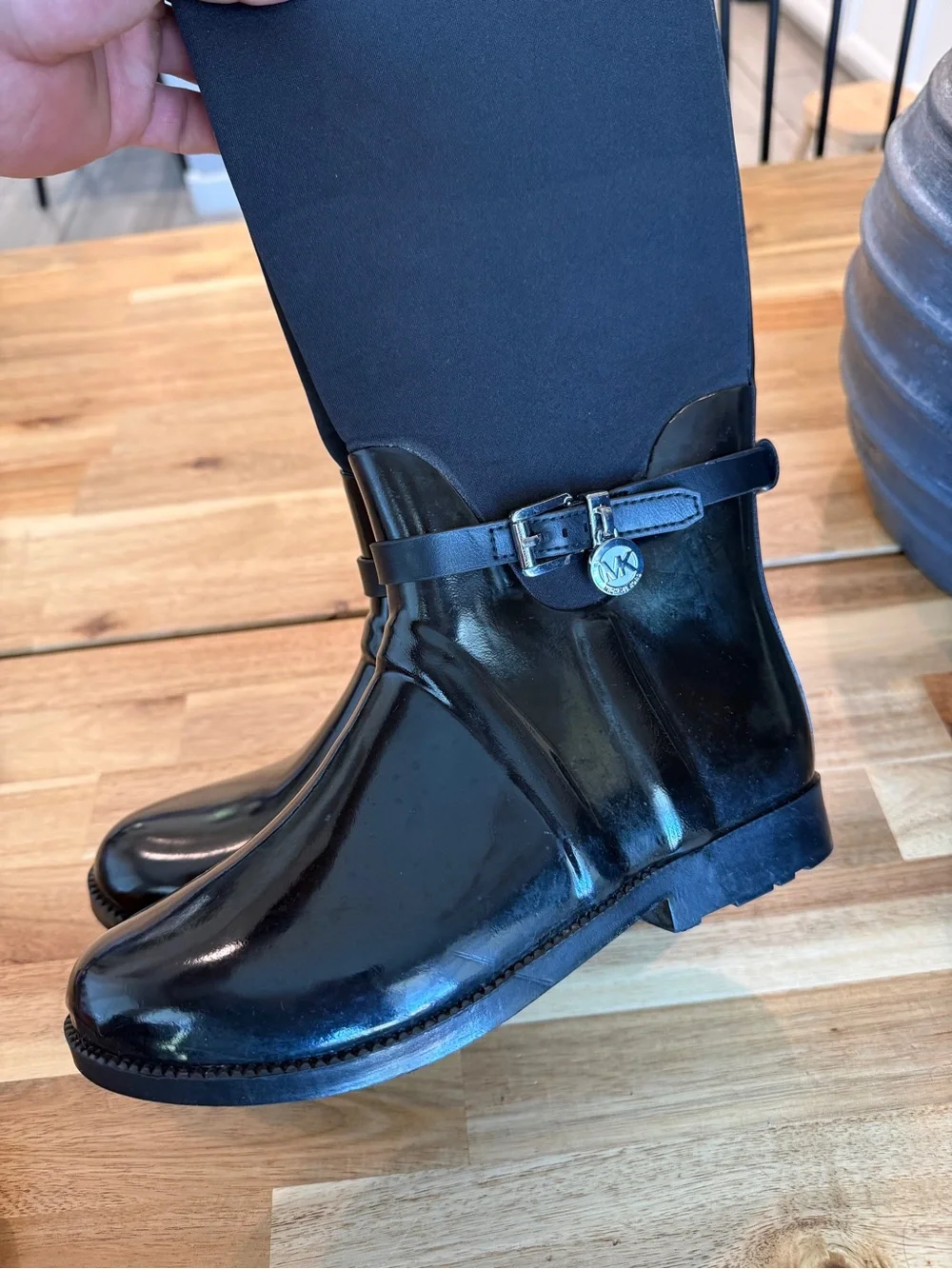 Michael Kors Black Gloss Rain Boot with Buckle Charm